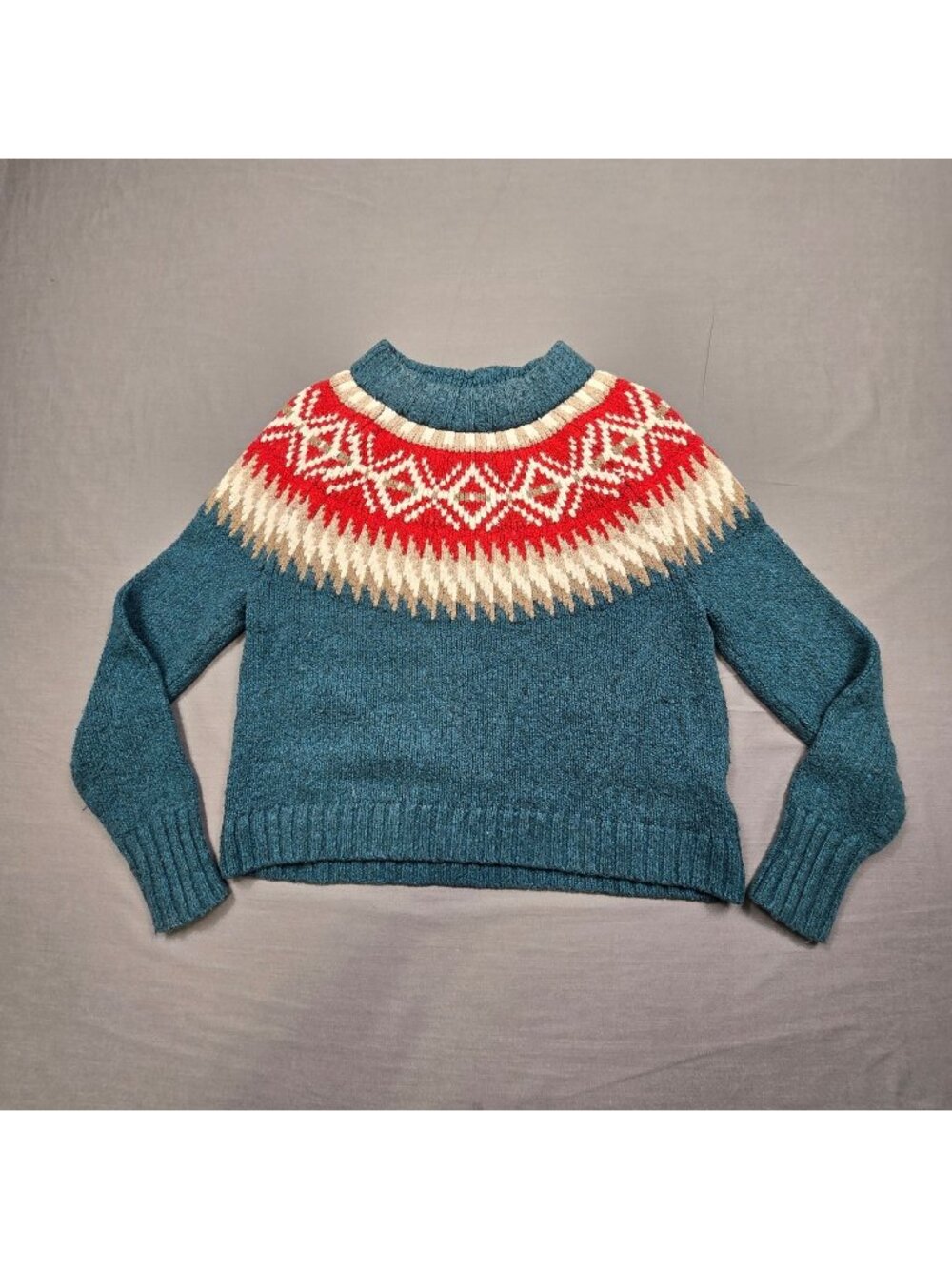 American Eagle Small Sweater Blue Red Fair Isle Pullover Knit Cotton Blend - Picture 1 of 4